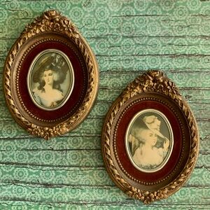 Vintage Set of Two Wooden Cameo Creation Framed Art of Victorian Ladies ❤️